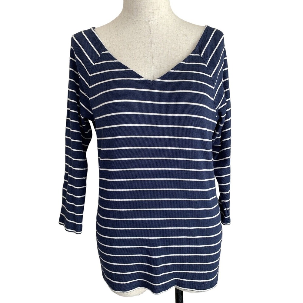 Chaps Large Shirt 3/4 Sleeve Striped Navy Blue‎ White Womens V-Neck Ribbed Top